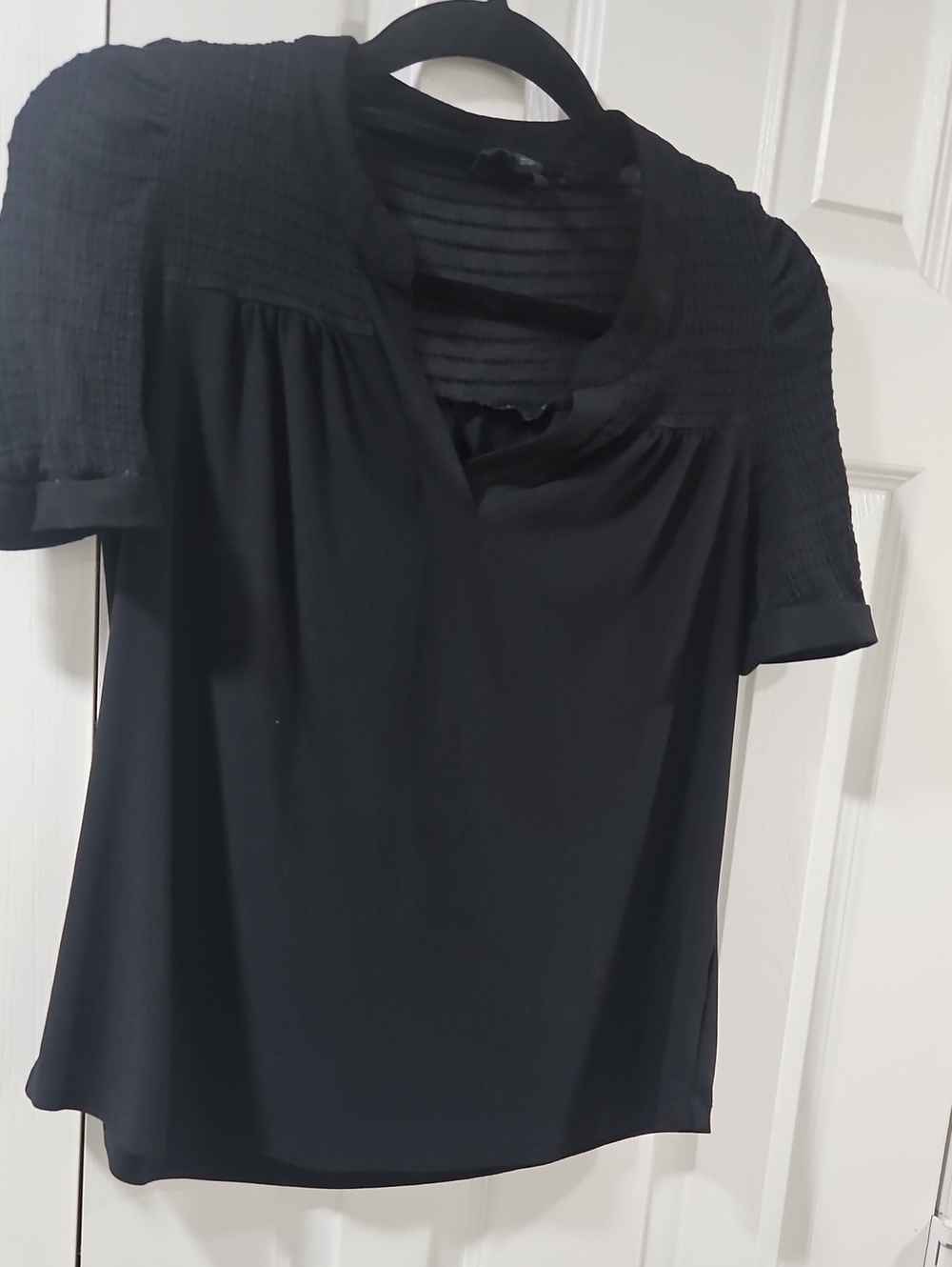 Women's Black Short-Sleeve V-Neck Blouse with Textured Yoke